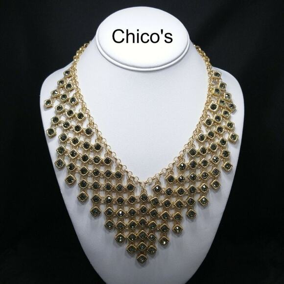 Beautiful Chico's CZ Faux Hematite Rhinestone Gold Necklace, Collar Style, 20 In - Picture 1 of 16